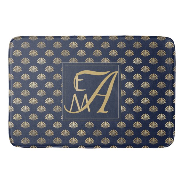 Monogram ART DECO Shells Navy Blue Gold Newlyweds Bath Mat (Front)