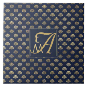 Monogram ART DECO Shells Navy Blue Gold Newlyweds Ceramic Tile