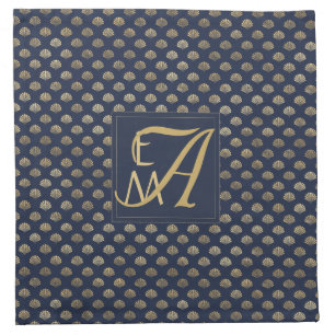 Monogram ART DECO Shells Navy Blue Gold Newlyweds Cloth Napkin