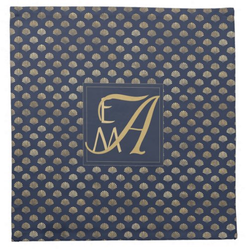 Monogram ART DECO Shells Navy Blue Gold Newlyweds Cloth Napkin