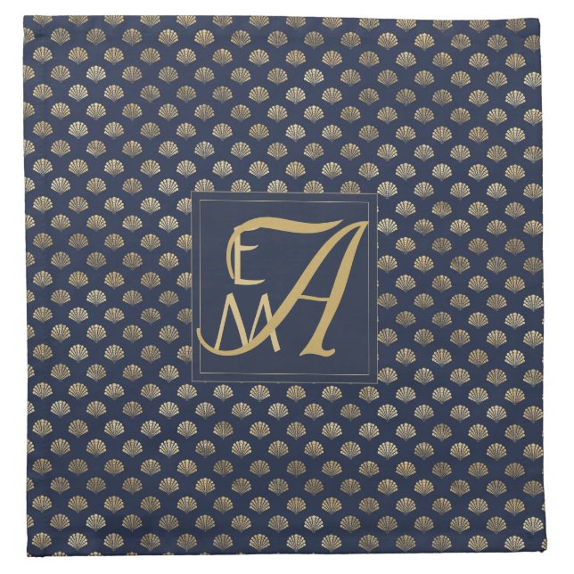 Monogram ART DECO Shells Navy Blue Gold Newlyweds Cloth Napkin (Front)