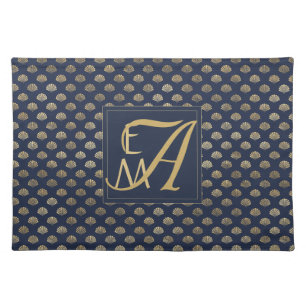 Monogram ART DECO Shells Navy Blue Gold Newlyweds Cloth Placemat