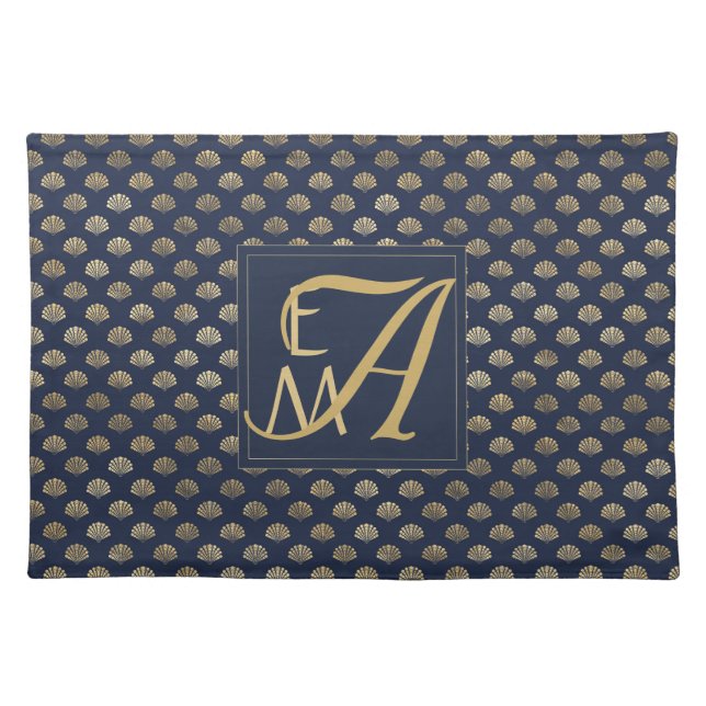 Monogram ART DECO Shells Navy Blue Gold Newlyweds Cloth Placemat (Front)