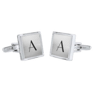 Monogram Art Deco Silver Satin Stripes Cufflinks
