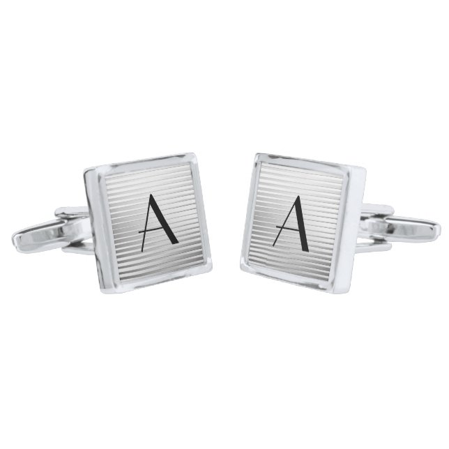 Monogram Art Deco Silver Satin Stripes Cufflinks (Angled)
