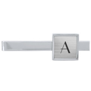 Monogram Art Deco Silver Satin Stripes Finish Tie Bar