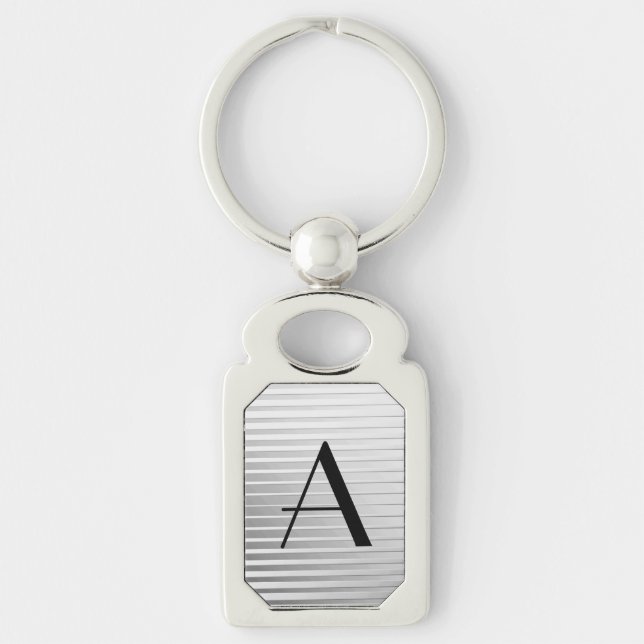 Monogram Art Deco Silver Satin Stripes Keychain (Front)