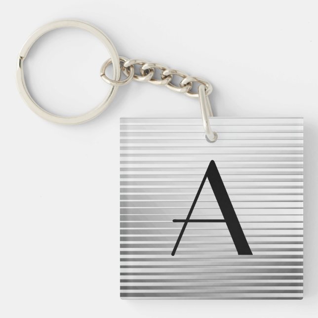 Monogram Art Deco Silver Satin Stripes Keychain (Front)