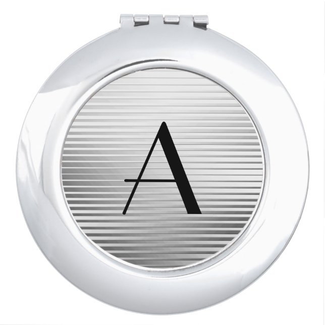 Monogram Art Deco Silver Satin Stripes Makeup Mirror (Front)