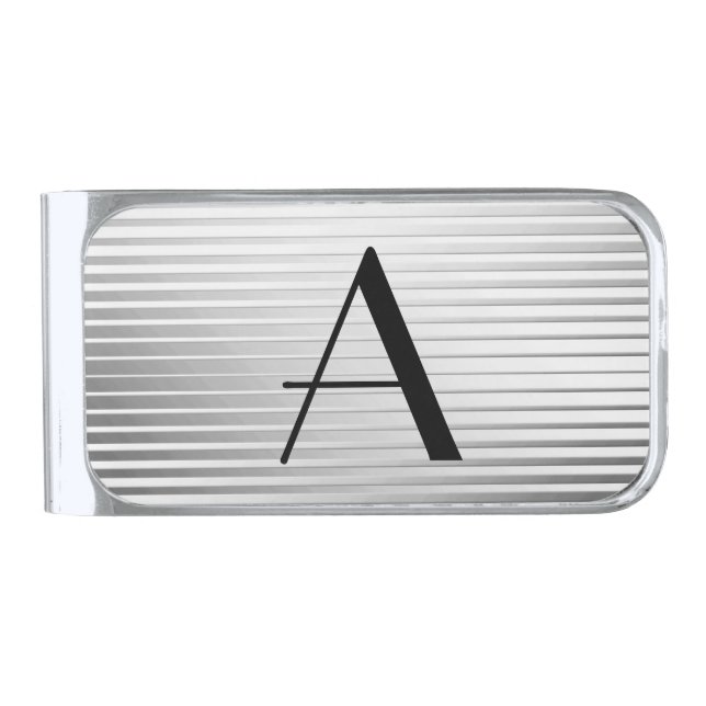 Monogram Art Deco Silver Satin Stripes Silver Finish Money Clip (Front)