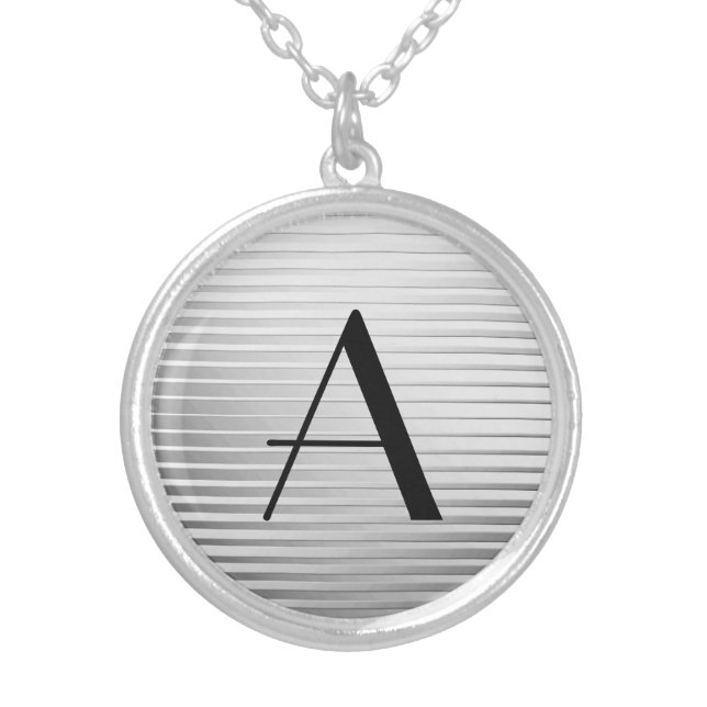 Monogram Art Deco Silver Satin Stripes Silver Plated Necklace (Front)