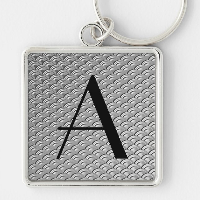 Monogram Art Deco Silver Wave Pattern Keychain (Front)