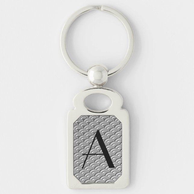 Monogram Art Deco Silver Wave Pattern Keychain (Front)
