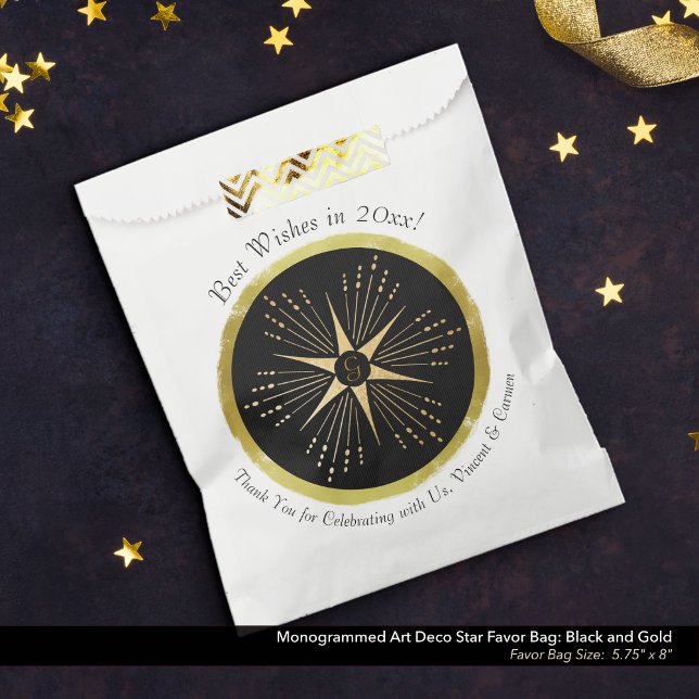 Monogram Art Deco Star Black and Gold Favor Bag (Monogrammed Art Deco Star Favor Bag: Black and Gold)