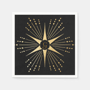 Monogram Art Deco Star Black and Gold Napkins
