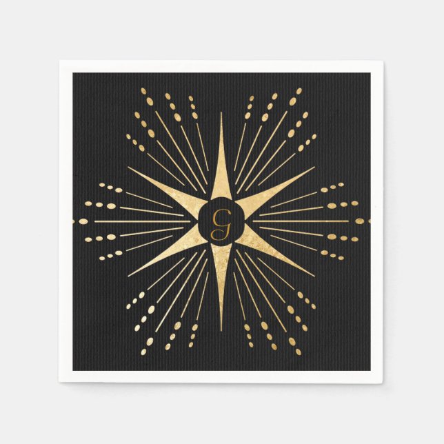 Monogram Art Deco Star Black and Gold Napkins (Front)