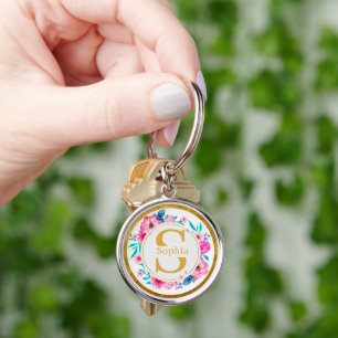 Monogram Art I Gold Initial and Watercolor Rose Keychain