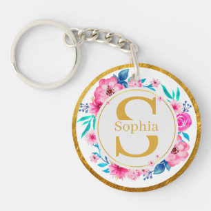 Monogram Art I Gold Initial and Watercolor Rose Keychain