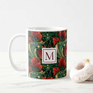 Monogram Art Noveau Christmas Green Red Pattern Coffee Mug
