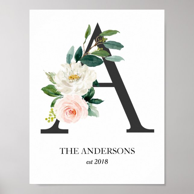 Monogram Art Print, Letter A, Wedding, Nursery Poster (Front)
