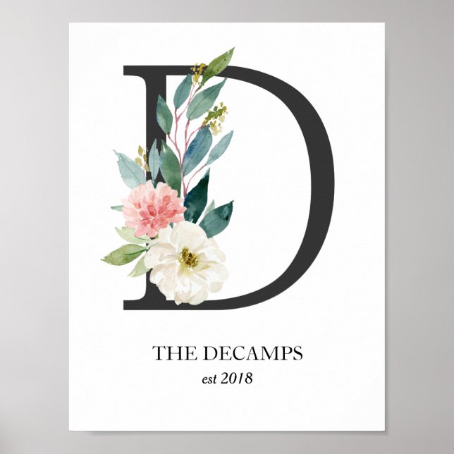 Monogram Art Print, Letter D, Wedding, Nursery Poster (Front)