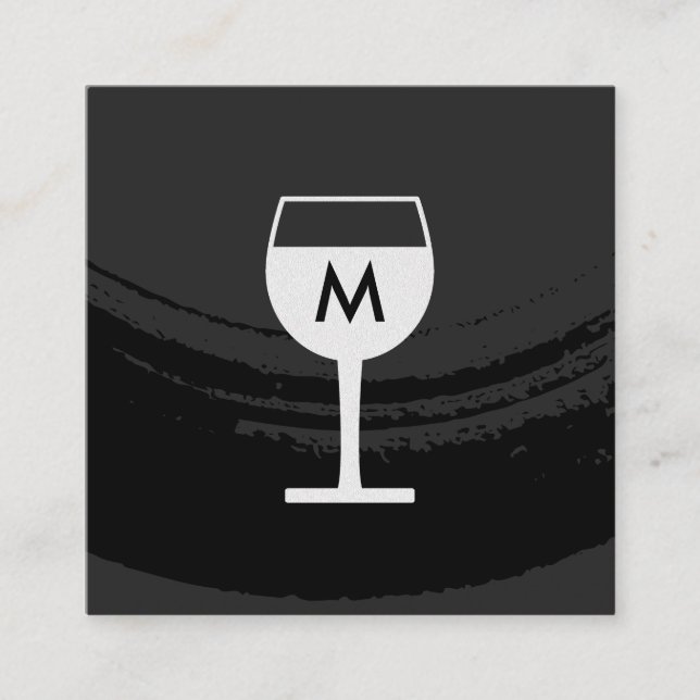Monogram Artistic Brushed Black Wine Glass Square Business Card (Front)
