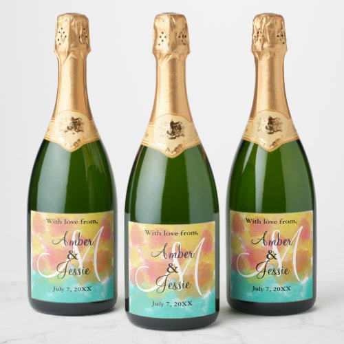 Monogram Artsy Gouache Watercolors Wedding Sparkling Wine Label