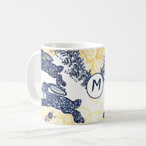 Monogram Asian Blue White Gold Rabbit Chinoiserie Coffee Mug