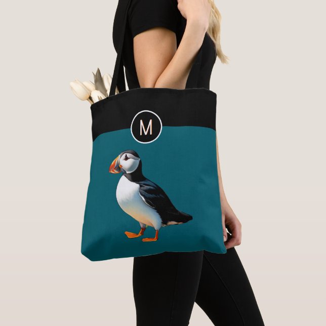 Monogram Atlantic Puffin Bird Teal Wildlife Tote Bag (Close Up)