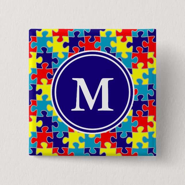 Monogram Autism Awareness Aspergers Puzzle Pattern Pinback Button (Front)