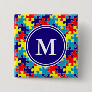 Monogram Autism Awareness Aspergers Puzzle Pattern Pinback Button