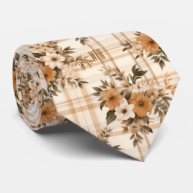 Monogram Autumn-Fall Florals Plaid Pattern Necktie (Rolled)
