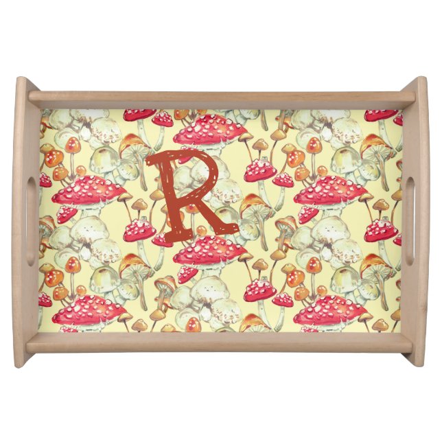 Monogram Autumn Fall Mushroom Rustic Yellow Rustic Serving Tray (Front)