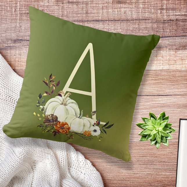 Monogram Autumn Flower & White Pumpkins Throw Pillow (Creator Uploaded)