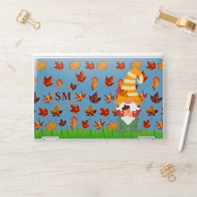 Monogram Autumn Gnome Acorn Brown Orange Leaves HP Laptop Skin (Desk)