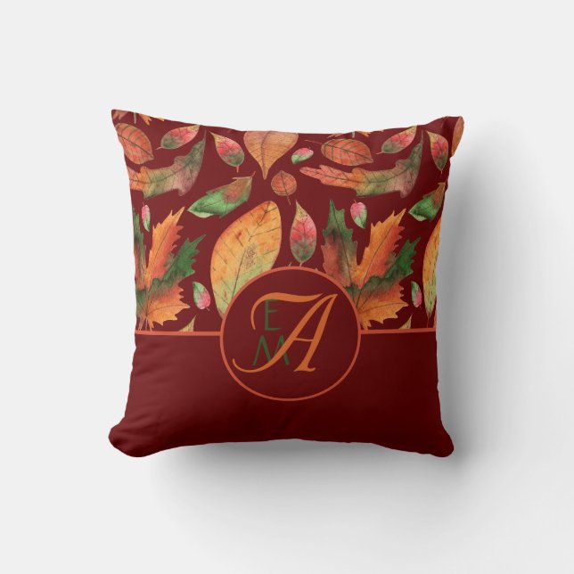 Monogram Autumn Leaves Fall Burgundy Decor Throw Pillow (Front)
