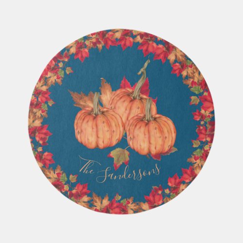 Monogram Autumn Orange Blue  Pumpkin Fall Round Outdoor Rug