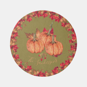 Monogram Autumn Orange Green Pumpkins Fall Round Outdoor Rug