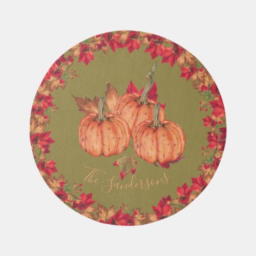 Monogram Autumn Orange Green Pumpkins Fall Round Outdoor Rug