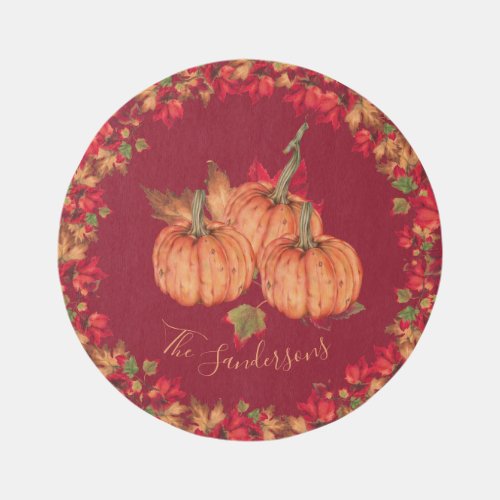 Monogram Autumn Orange Red  Pumpkin Fall Round Outdoor Rug