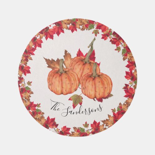 Monogram Autumn Orange White Pumpkins Fall Round Outdoor Rug