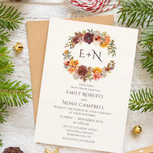 Monogram Autumn Rustic Plum Orange Floral Wedding Invitation