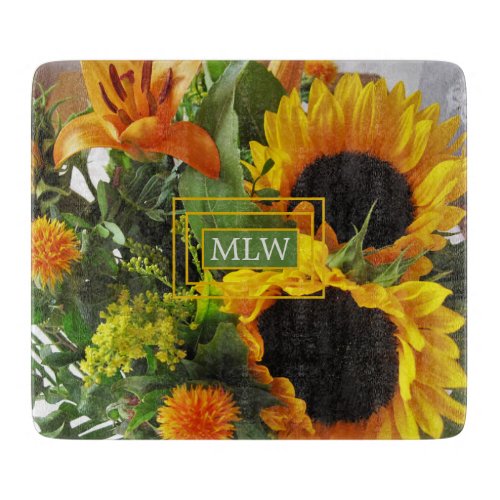 Monogram Autumn Sunflowers Glass Cutting Board