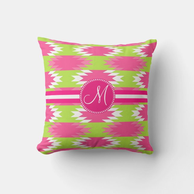 Monogram Aztec Andes Tribal Hot Pink Lime Green Throw Pillow (Front)
