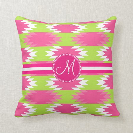 Monogram Aztec Andes Tribal Hot Pink Lime Green Throw Pillow
