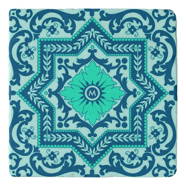 Monogram Azulejo Ceramic Style Vintage Ornament Trivet (Front)