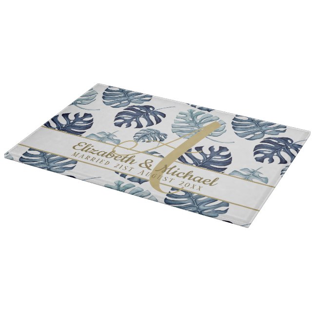 Monogram Azure Blue Tropical Leaves Gold Newlyweds Cutting Board (Corner)