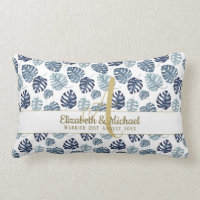 Monogram Azure Blue Tropical Leaves Gold Newlyweds Lumbar Pillow