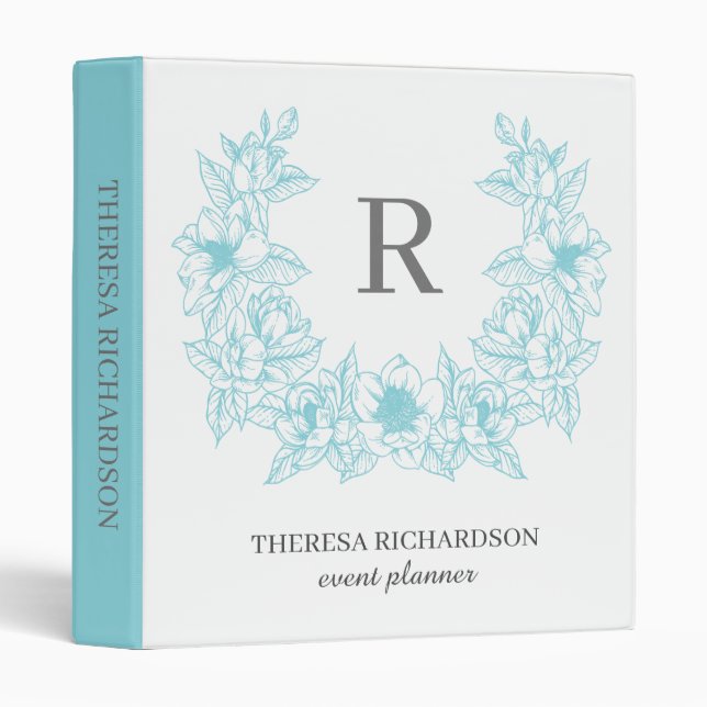 Monogram Azure Magnolia Flowers Wreath 3 Ring Binder (Front/Spine)