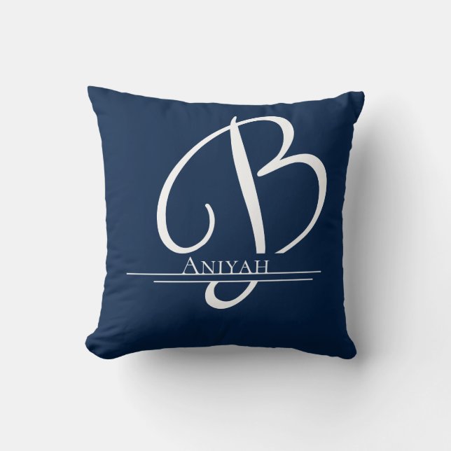 Monogram B Blue White Name  Throw Pillow (Front)